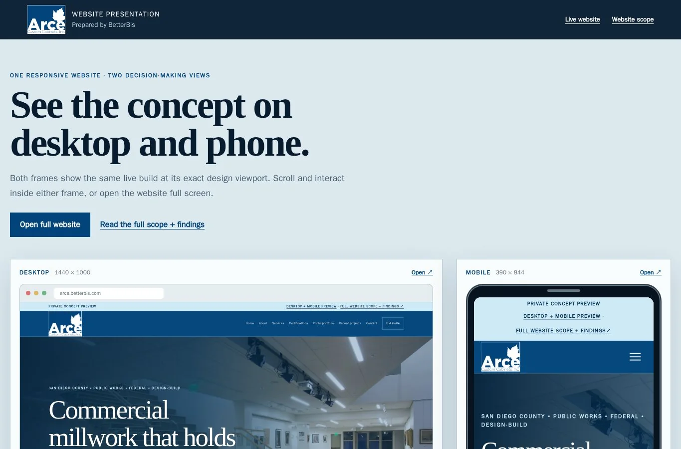 Arce Custom Cabinets website concept shown at desktop and mobile sizes