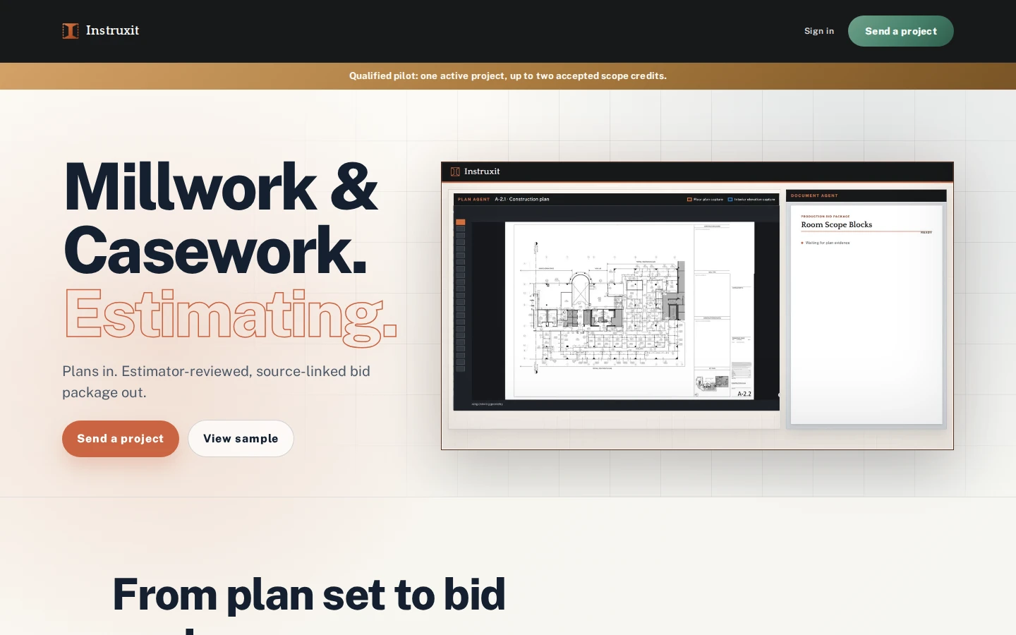 Current Instruxit main site showing its Millwork and Casework Estimating product cover
