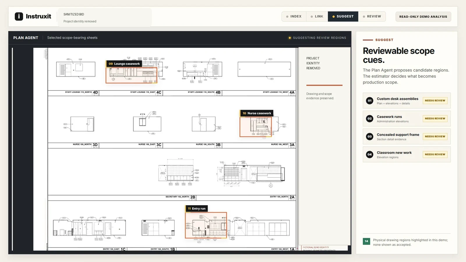 Sanitized Instruxit Scope review showing a construction drawing and reviewable scope items